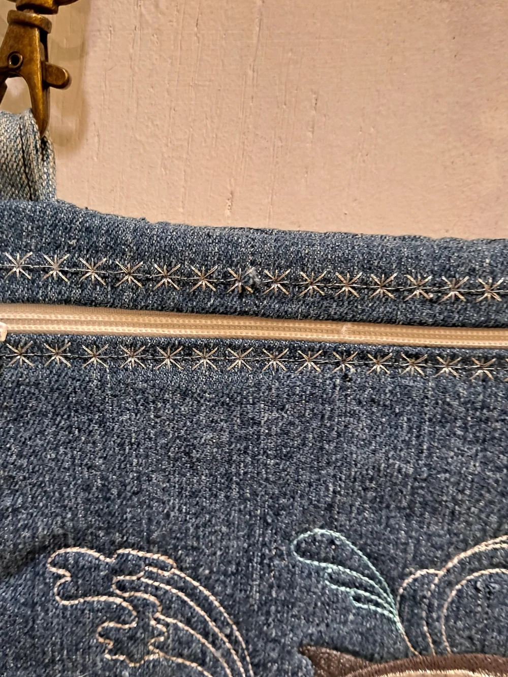 Artisan Handmade Upcycled Denim Dolphin Embroidered Crossbody Bag - Blue